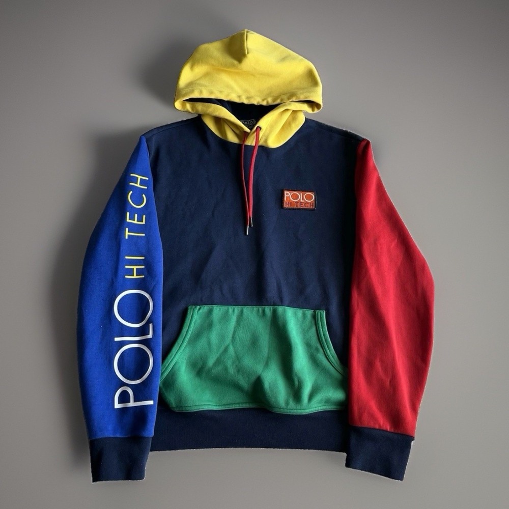 VTG Polo Ralph Lauren Hi Tech Color Block Hoodie Pull Over Men's Size Small